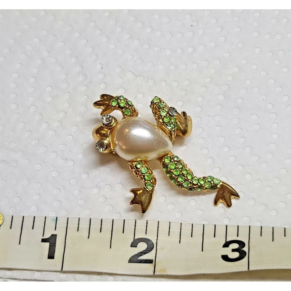 Vintage Gold Tone Frog Brooch Pin Green AB Rhinestone Crystals Faux Pearl Belly